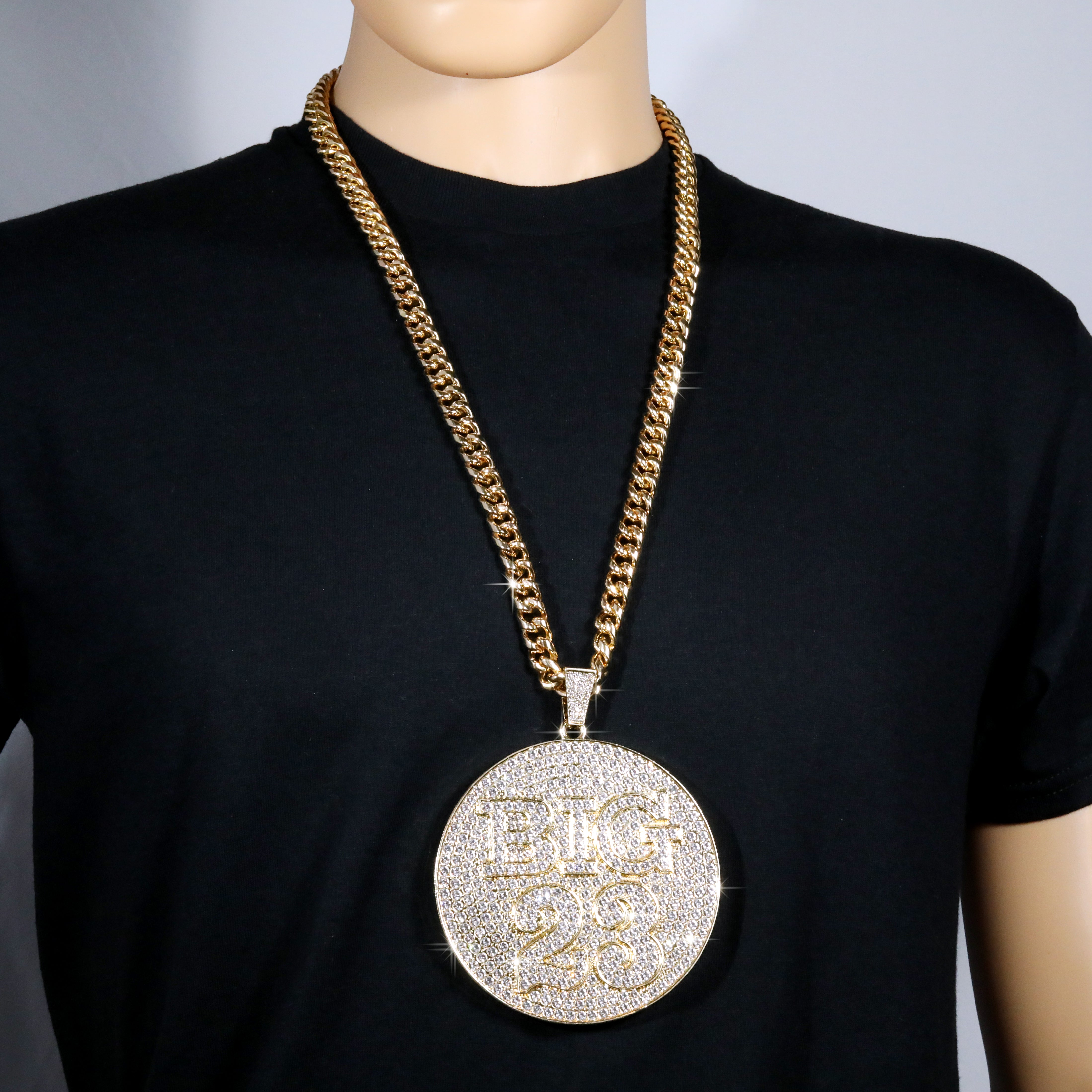 XL - BIG 23 Medallion Fully Iced | Curb Cuban Necklace Gold Plated