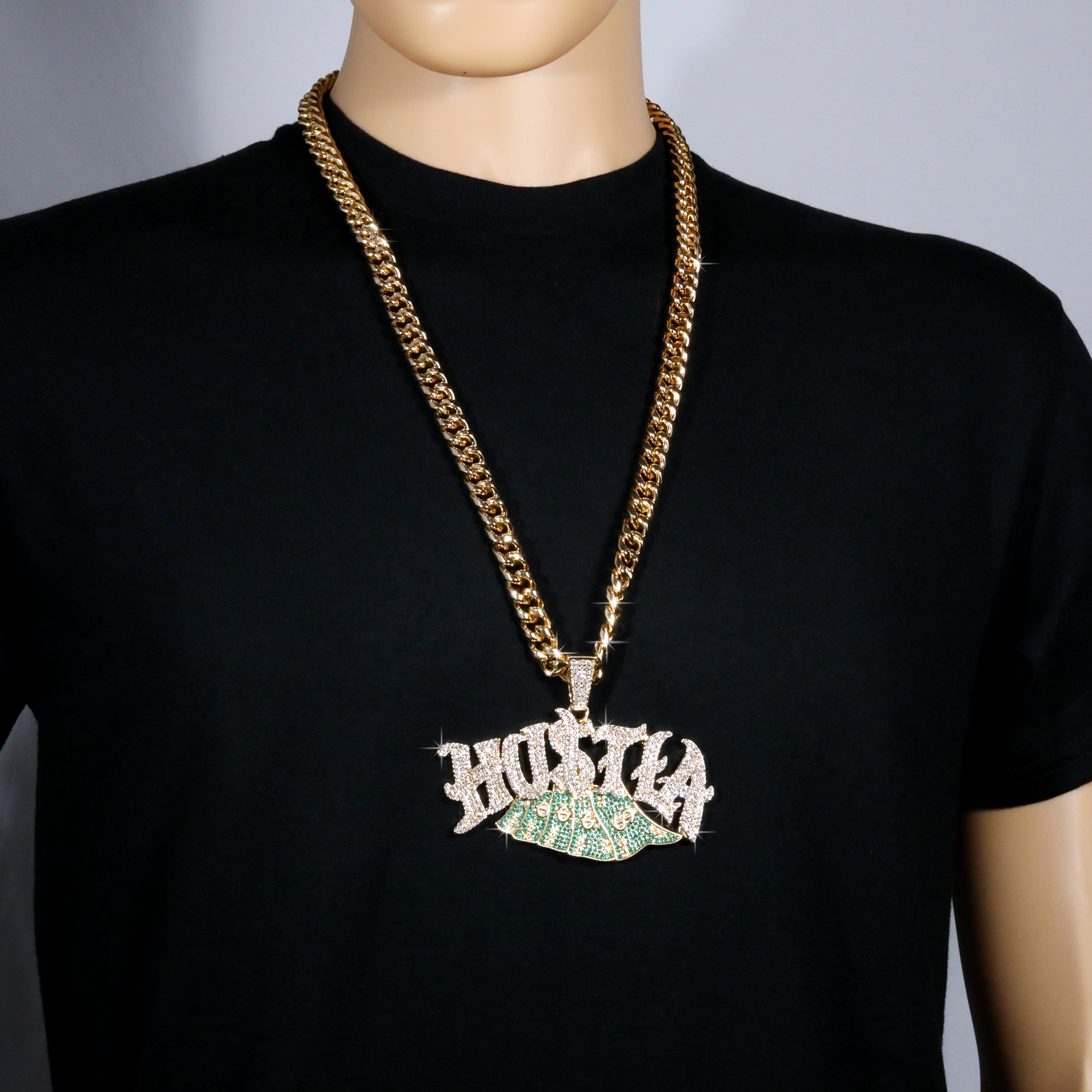 XL - Hustla Cash Money Fully Iced | Curb Cuban Necklace Gold Plated