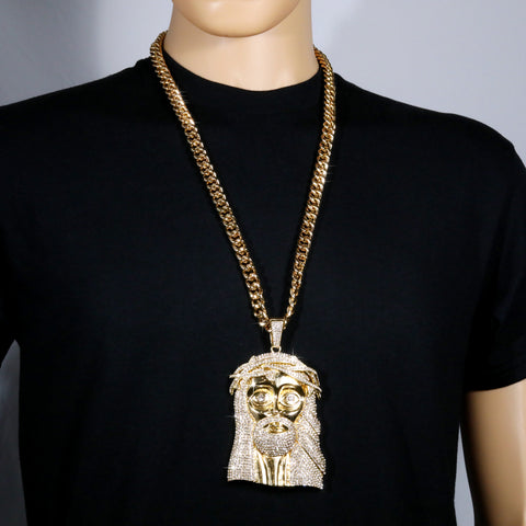Huge XL - Jesus Piece Fully Iced | Curb Cuban Necklace Gold Plated