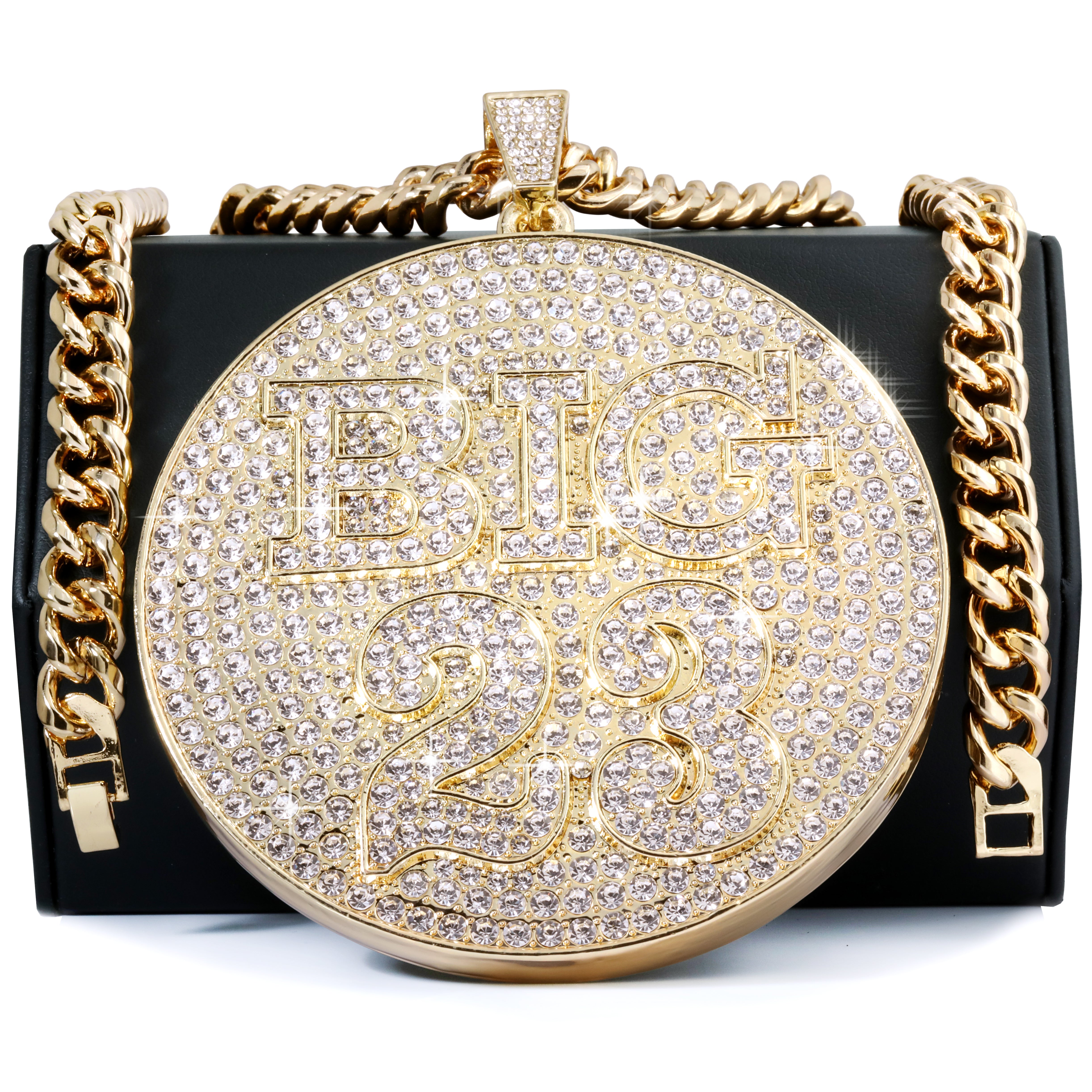 XL - BIG 23 Medallion Fully Iced | Curb Cuban Necklace Gold Plated