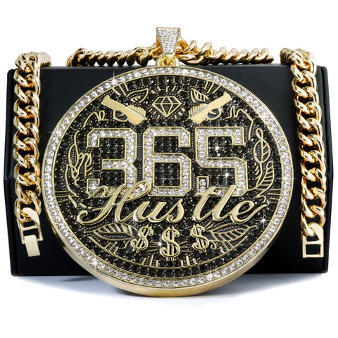 XL - 365 Hustle Medallion Fully Iced | Curb Cuban Necklace Gold Plated
