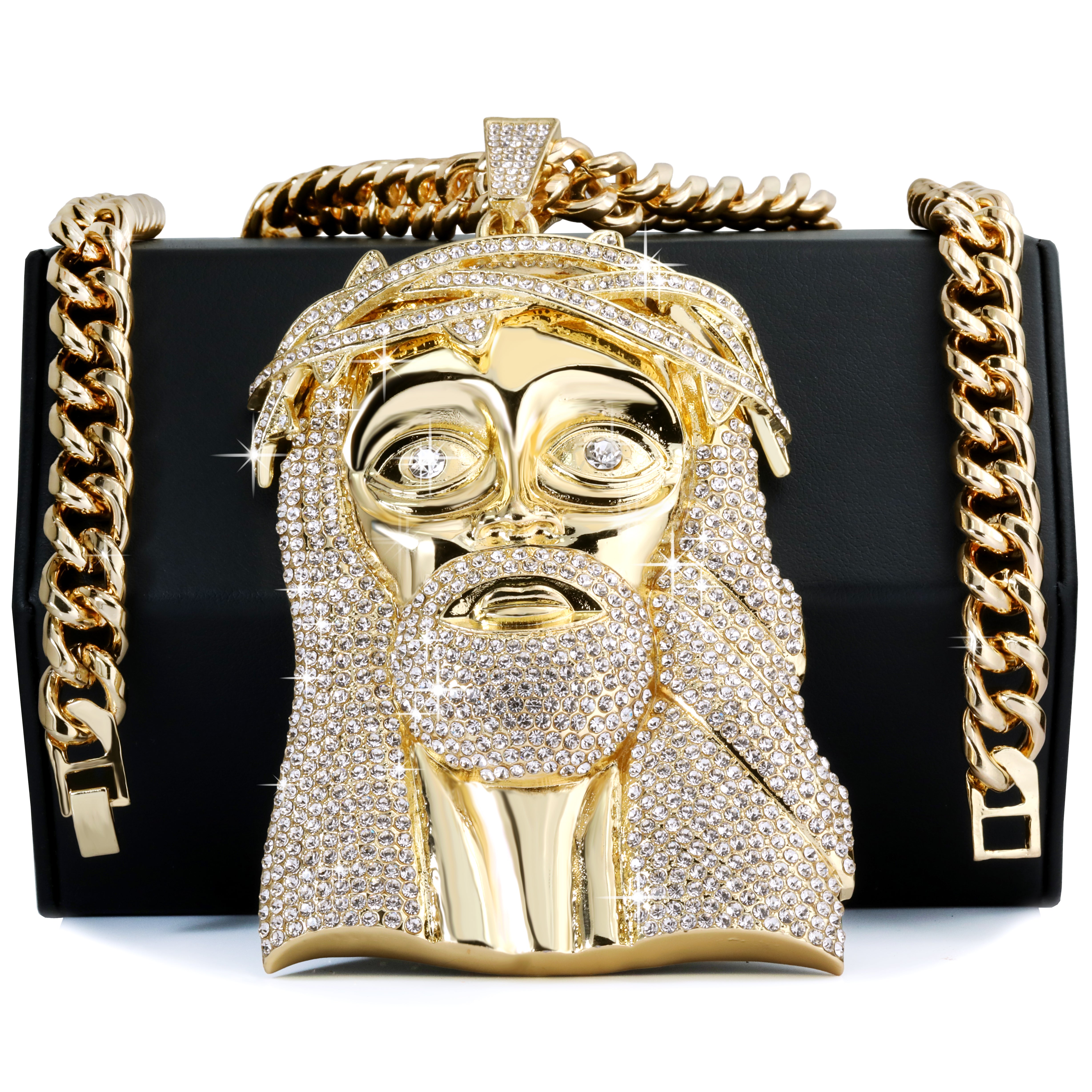 Huge XL - Jesus Piece Fully Iced | Curb Cuban Necklace Gold Plated