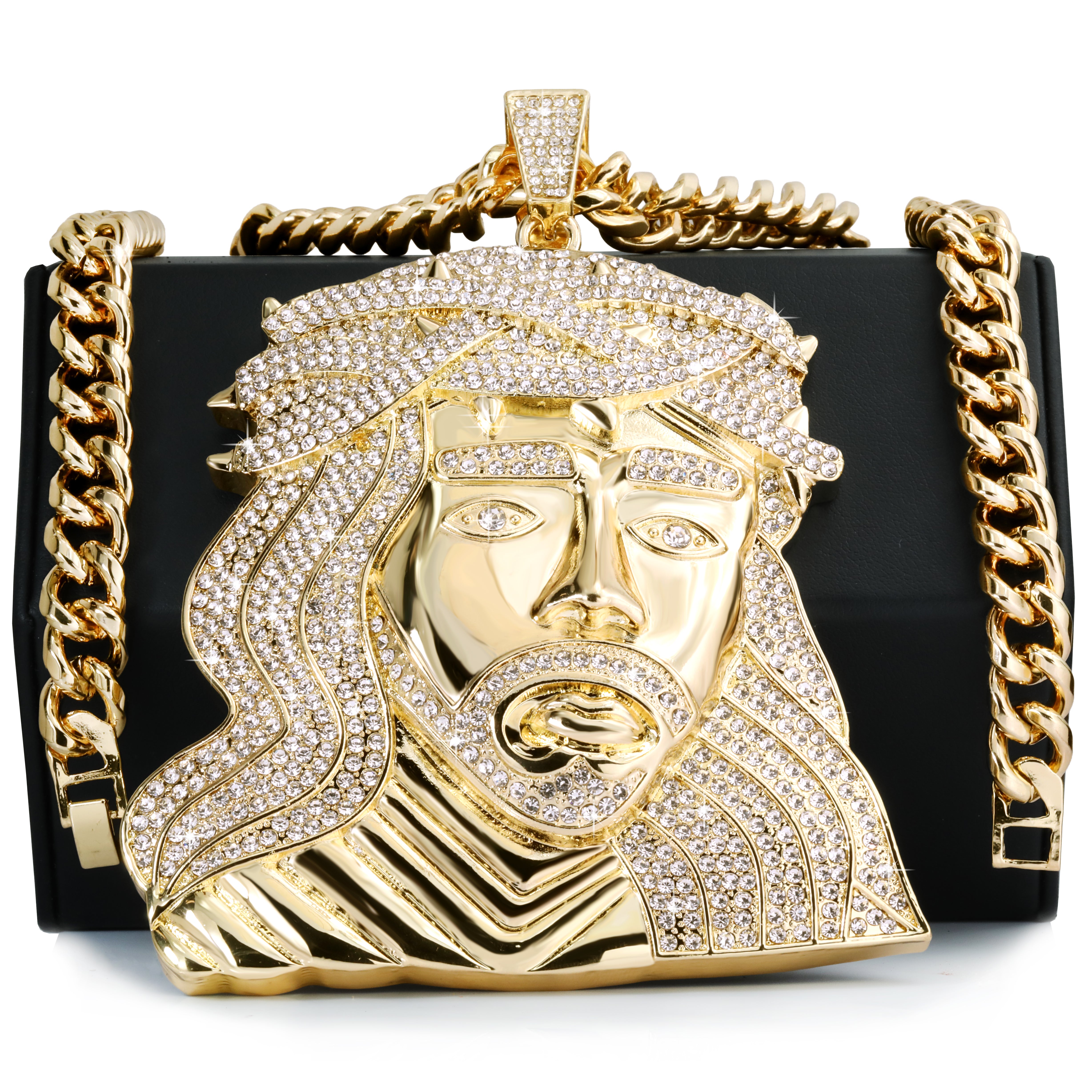 Huge XL - Curly Jesus Face Fully Iced | Curb Cuban Necklace Gold Plated