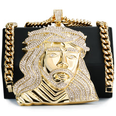 Huge XL - Curly Jesus Face Fully Iced | Curb Cuban Necklace Gold Plated