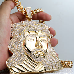 Huge XL - Curly Jesus Face Fully Iced | Curb Cuban Necklace Gold Plated