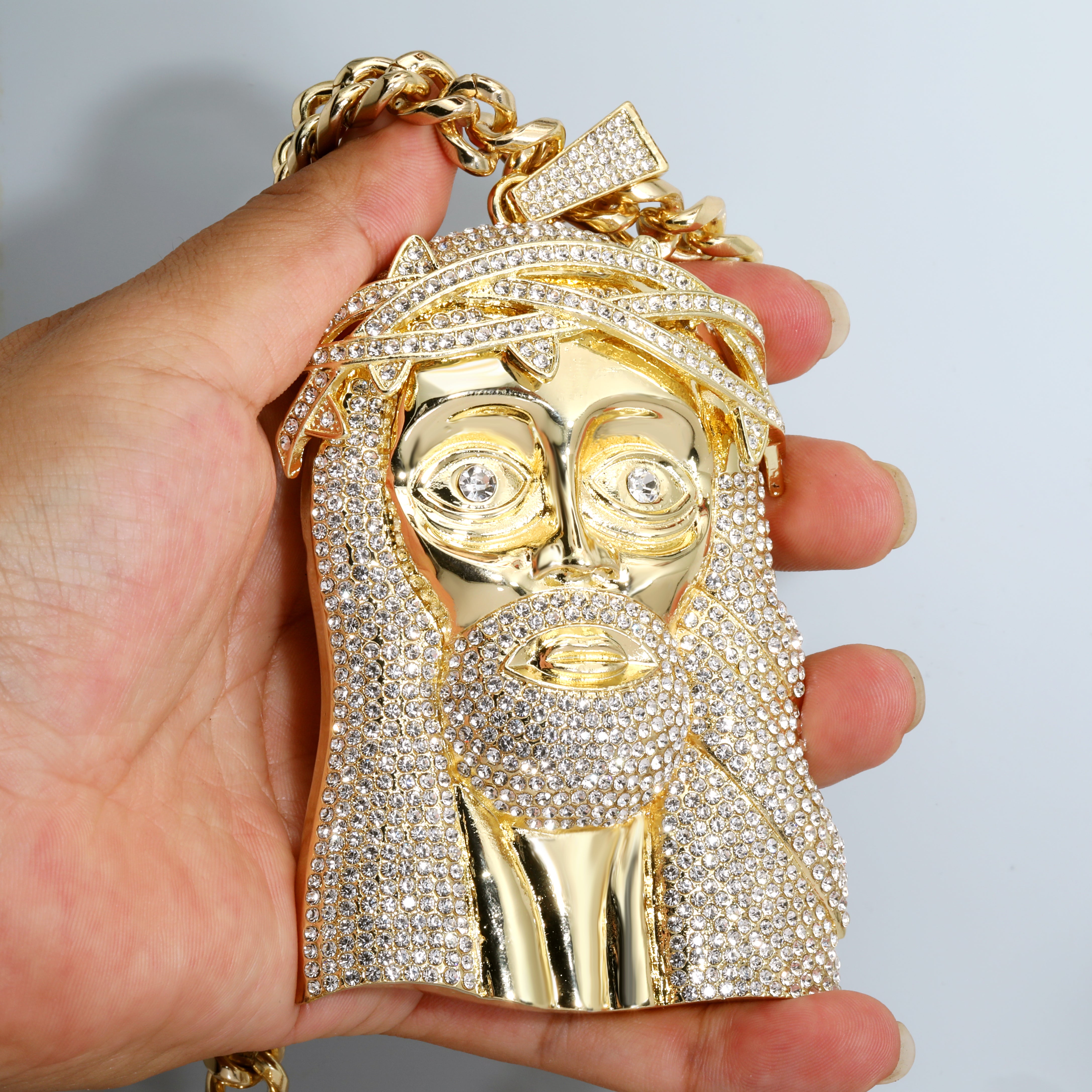 Huge XL - Jesus Piece Fully Iced | Curb Cuban Necklace Gold Plated