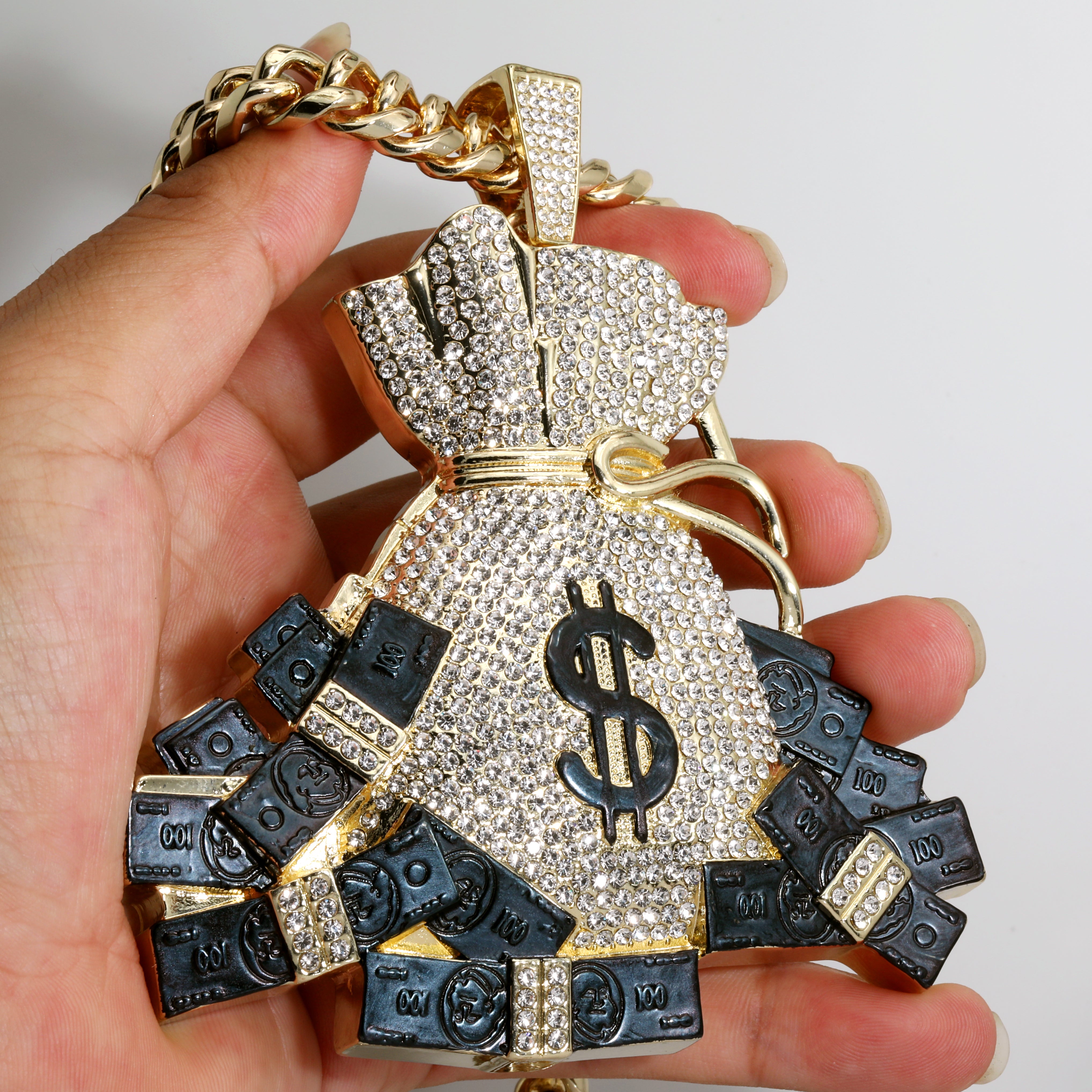 Huge XL - Cash Bag Money Sign Fully Iced | Curb Cuban Necklace Gold Plated