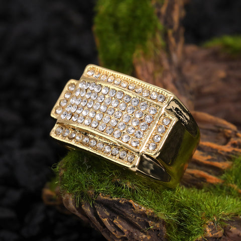 18k Gold Plated Iced Out Rectangular Ring High Fashion Quality Pinky Pimp Ring