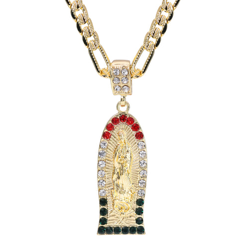 Oval Flat Thin Mexican Guadalupe Pendant Cubic Zirconia Frost Figaro 24" Gold Plated
