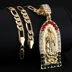 Oval Flat Bottom Mexican Guadalupe Pendant Cubic Zirconia Frost Figaro 24" Gold Plated