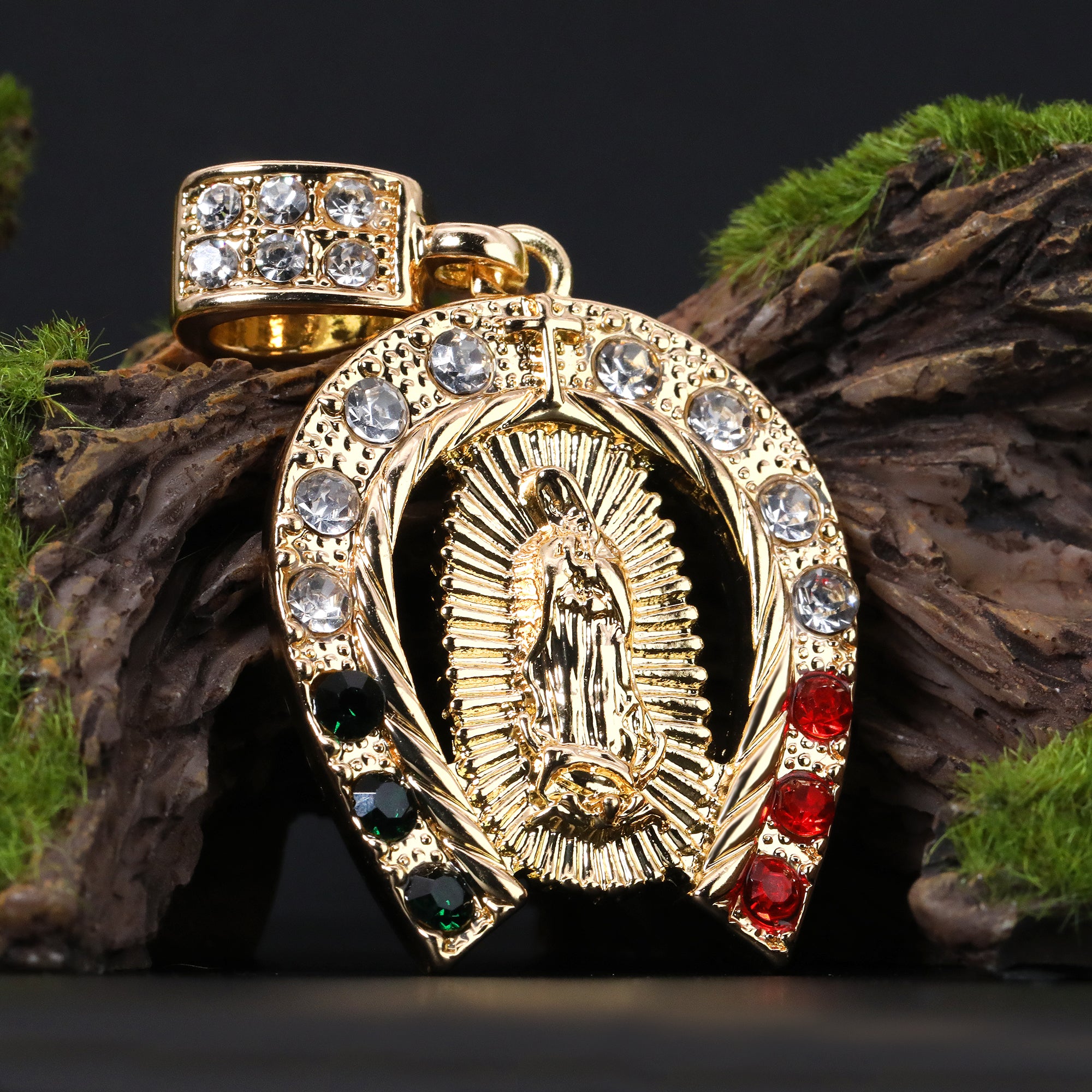 Mexican Horse Shoe Religious Guadalupe Pendant Cubic Zirconia Frost Figaro 24" Gold Plated