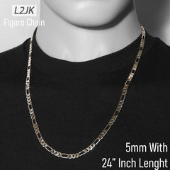 Silver Fillec 5mm-12mm/24" FIGARO LINK CHAIN NECKLACE