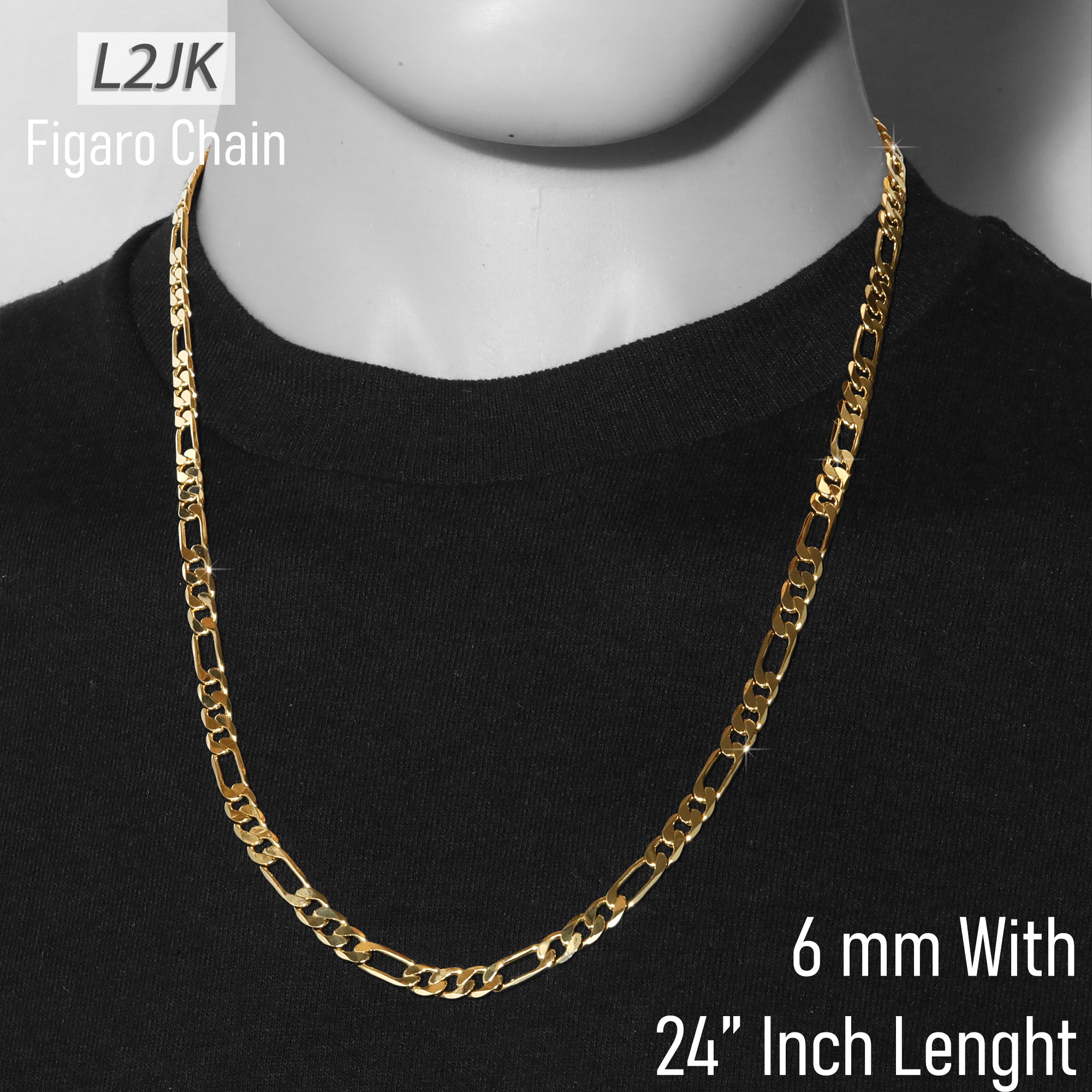 6 MM/24" FIGARO LINK CHAIN NECKLACE 14K REAL GOLD FILLED