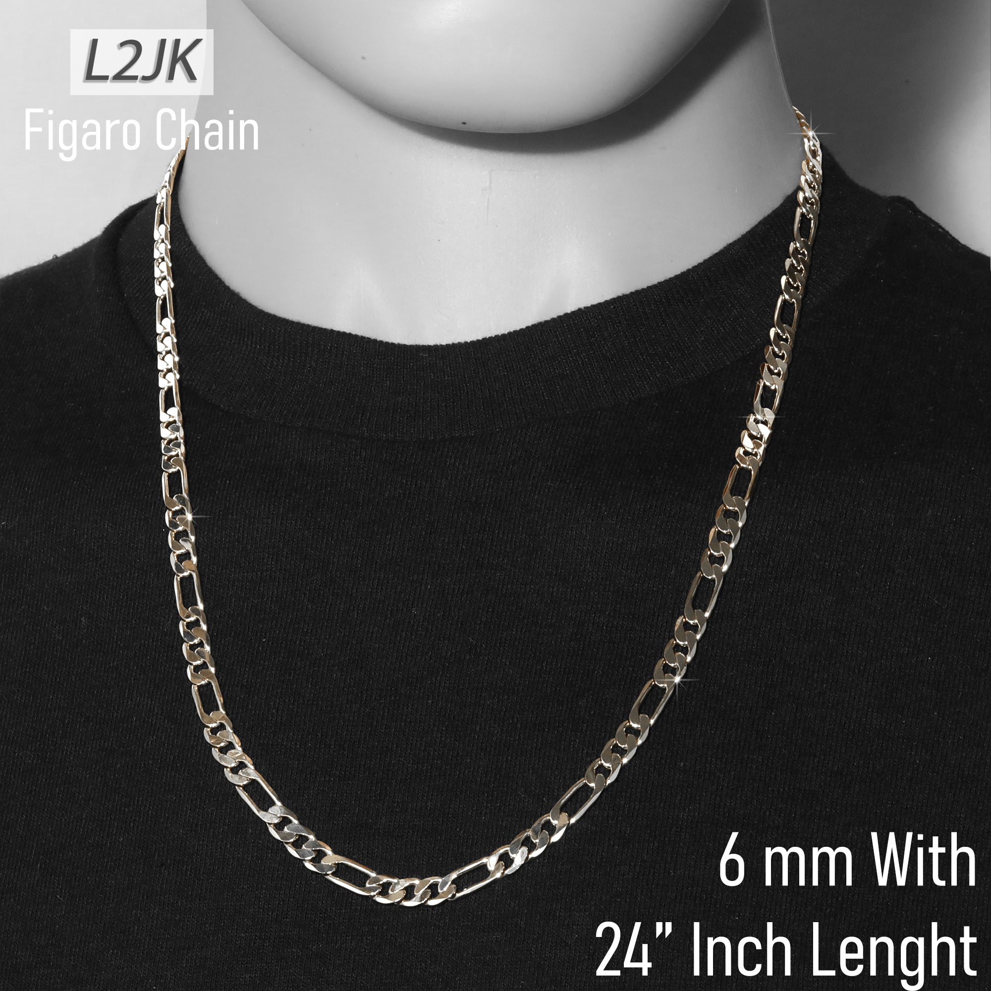 Silver Fillec 5mm-12mm/24" FIGARO LINK CHAIN NECKLACE