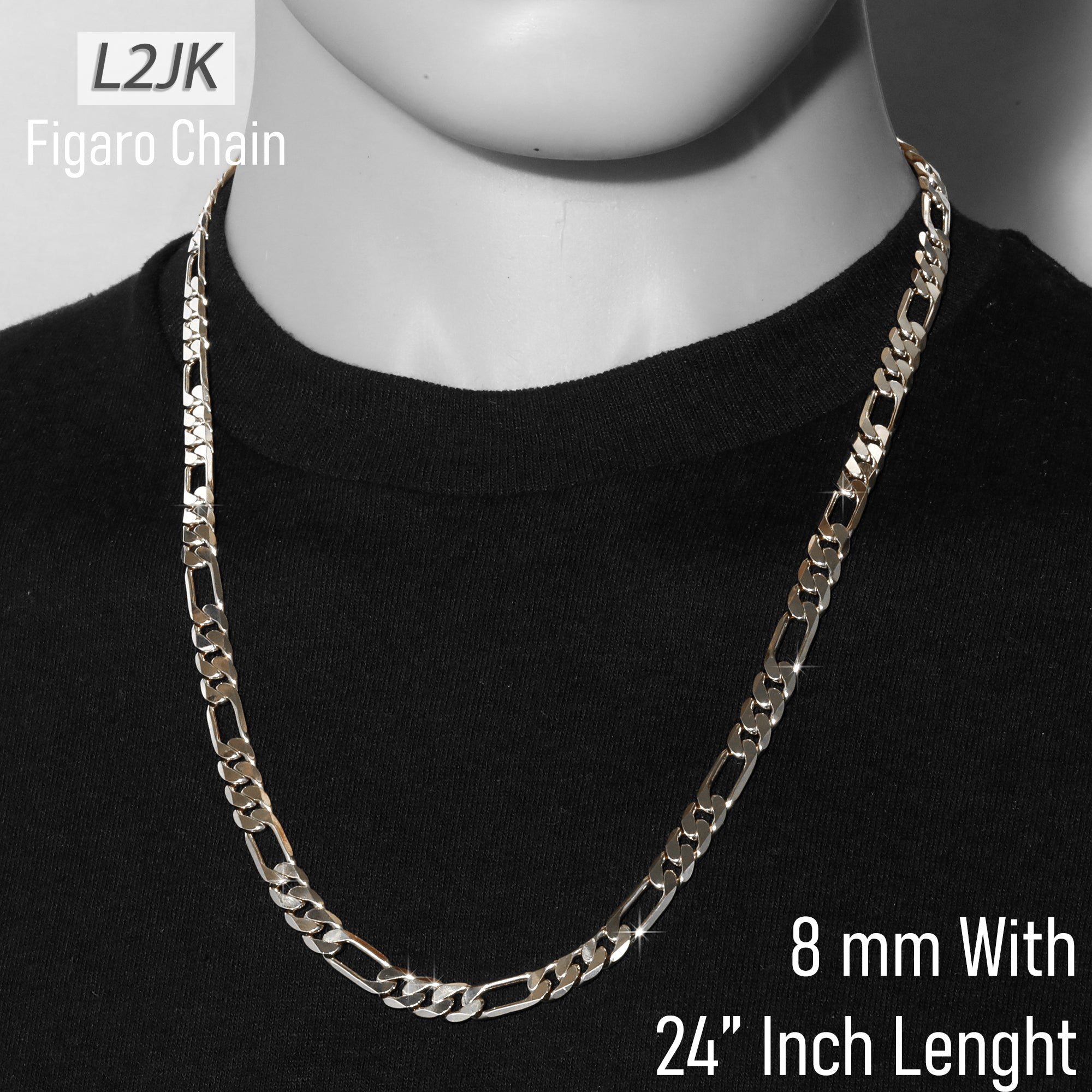 Silver Fillec 5mm-12mm/24" FIGARO LINK CHAIN NECKLACE