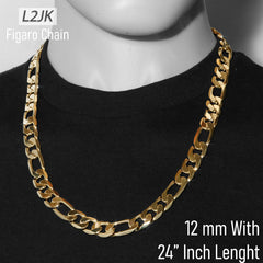 12 MM/24" FIGARO LINK CHAIN NECKLACE 14K REAL GOLD FILLED