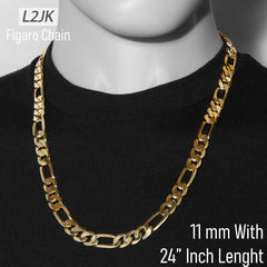 11 MM/24" FIGARO LINK CHAIN NECKLACE 14K REAL GOLD FILLED