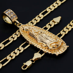 Long Guadalupe Pendant 18k Gold Plated Italy Figaro Chain For Men 24" Necklace