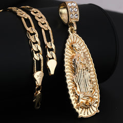 Long Guadalupe Pendant 18k Gold Plated Italy Figaro Chain For Men 24" Necklace