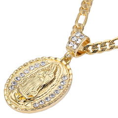 Oval Wave Plain Guadalupe Pendant Cubic Zirconia Frost Figaro 24" Gold Plated