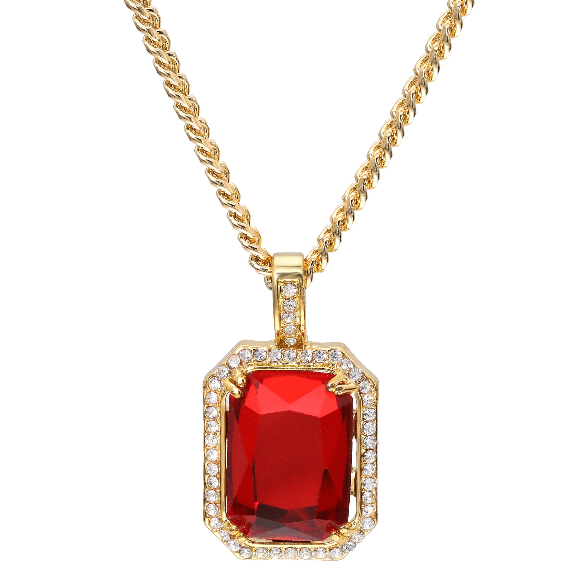 Cubic-Zirconia Mini Red Stone Pendant 3mm 24" Cuban Chain Gold Plated Necklace