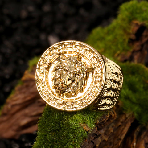 18k Gold Lion Greek Pattern Ring Plated