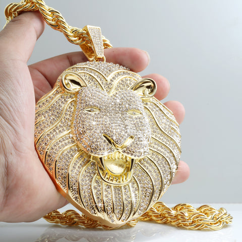 Huge Extra Large "Lion Face" 14k Gold Plated Pendant & Rope Chain
