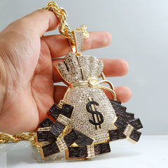 Huge Extra Large "Money Bag" Fully Iced & Rope Chain 14k Gold Plated