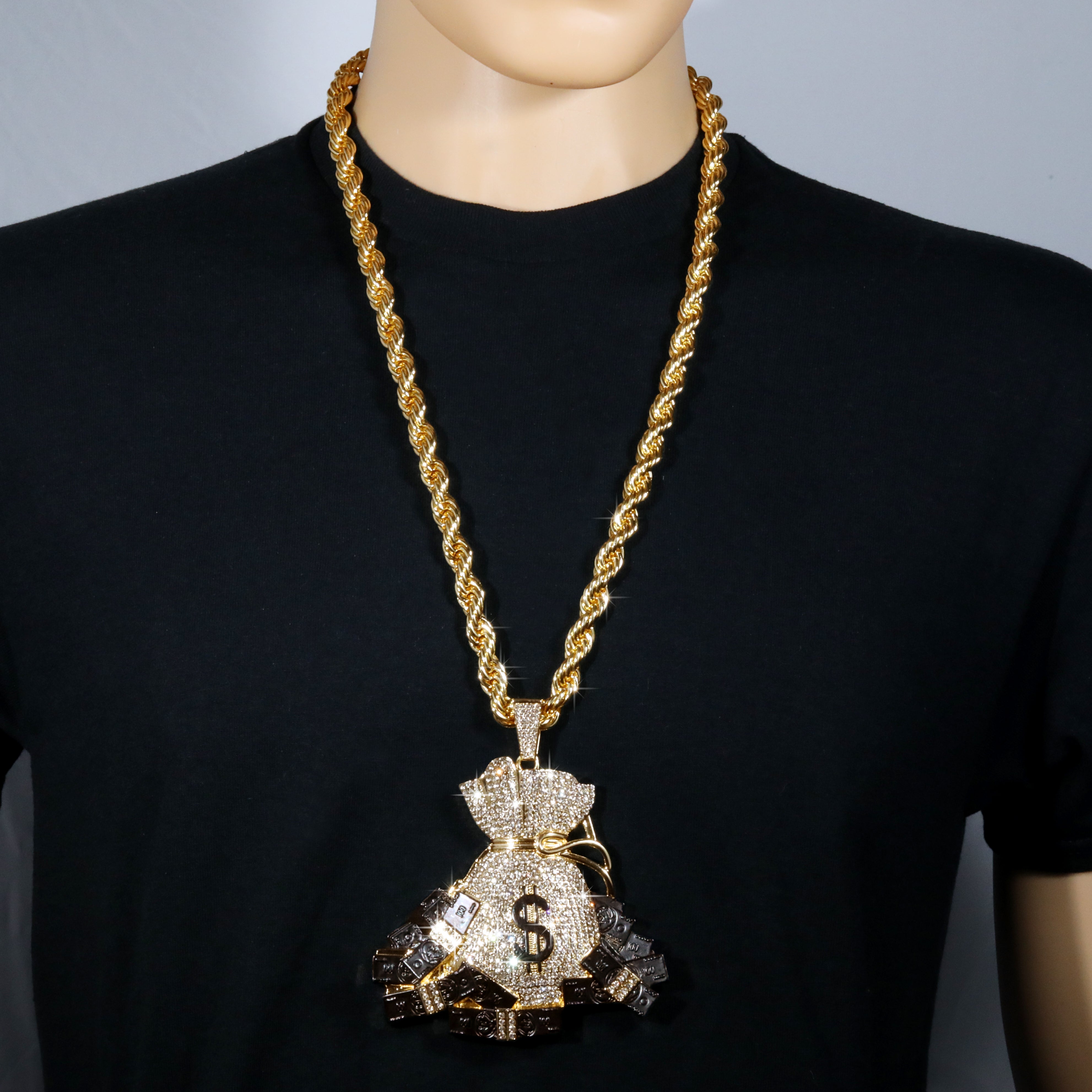 Huge Extra Large "Money Bag" Fully Iced & Rope Chain 14k Gold Plated