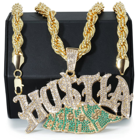 Huge Extra Large "HUSTLA CASH MONEY " Fully Iced | 14k Gold Plated Necklace
