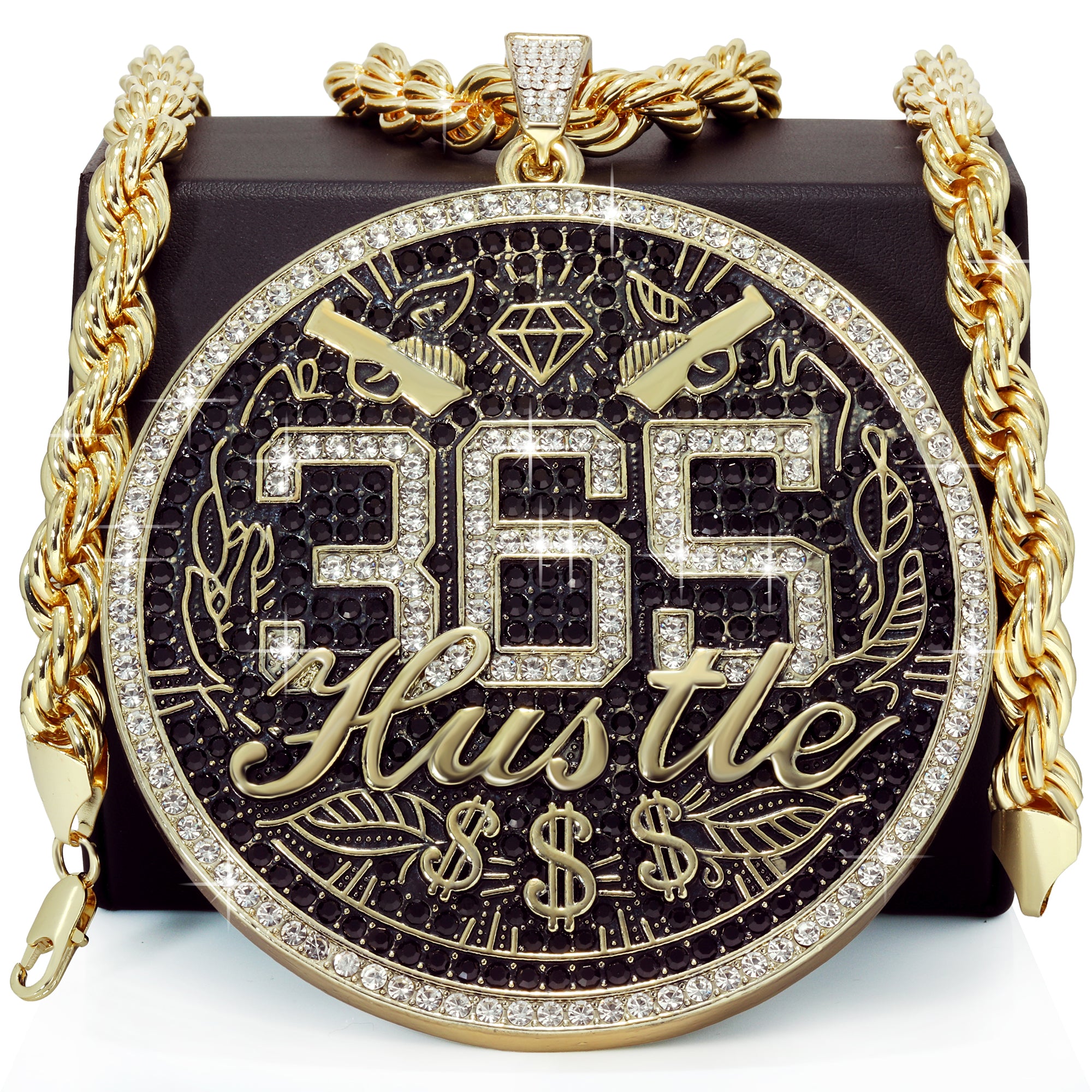 Huge Extra Large "365 HUSTLE MONEY SIGN" 14k Gold Plated Necklace