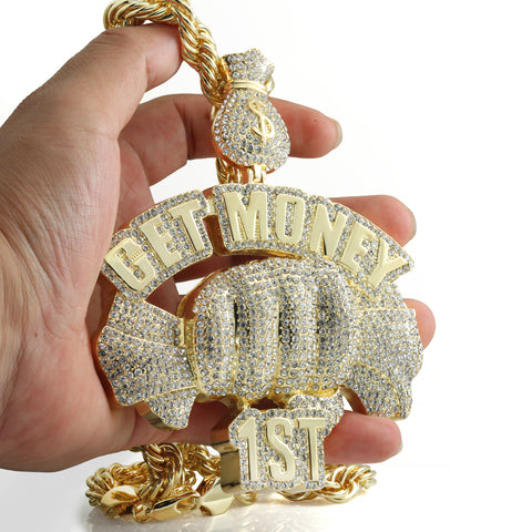Huge Extra Large " GET MONEY 1ST " Fully Iced | 14k Gold Plated Necklace
