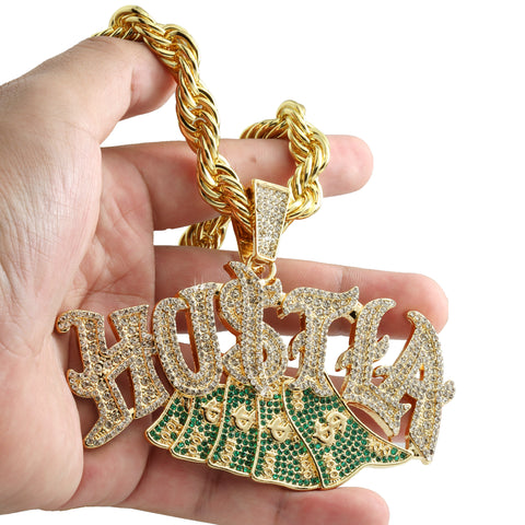 Huge Extra Large "HUSTLA CASH MONEY " Fully Iced | 14k Gold Plated Necklace