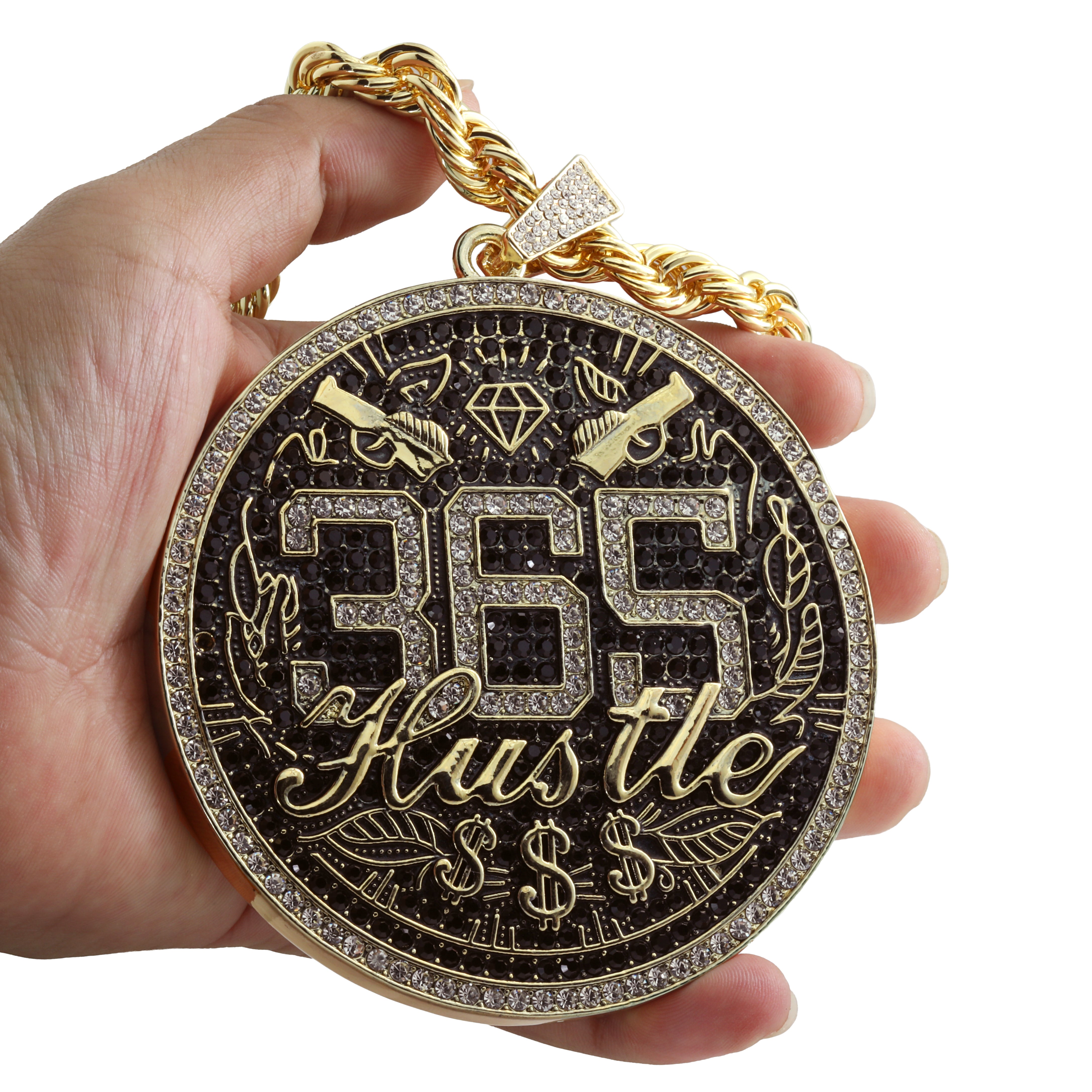 Huge Extra Large "365 HUSTLE MONEY SIGN" 14k Gold Plated Necklace