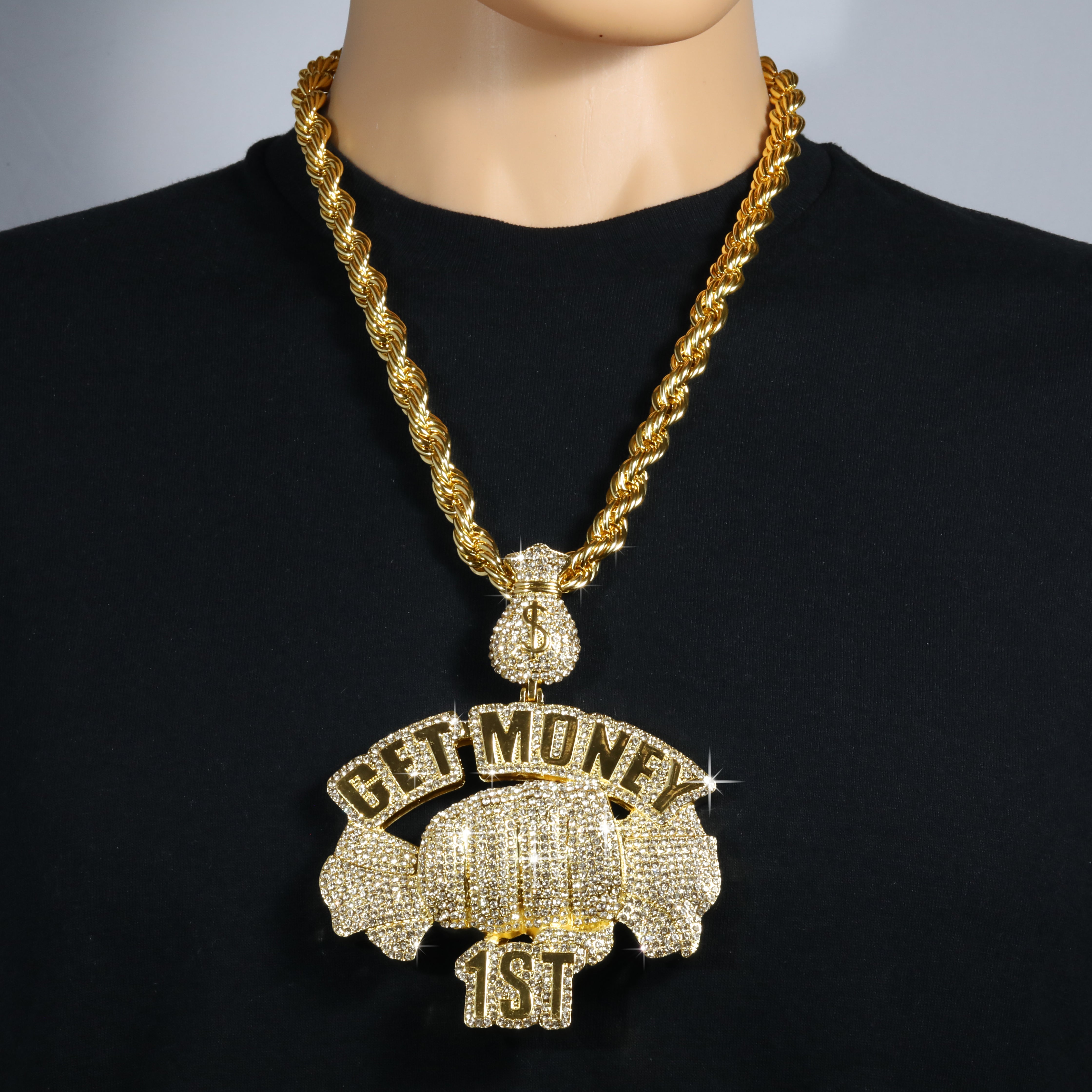 Huge Extra Large " GET MONEY 1ST " Fully Iced | 14k Gold Plated Necklace
