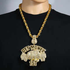 Huge Extra Large " GET MONEY 1ST " Fully Iced | 14k Gold Plated Necklace