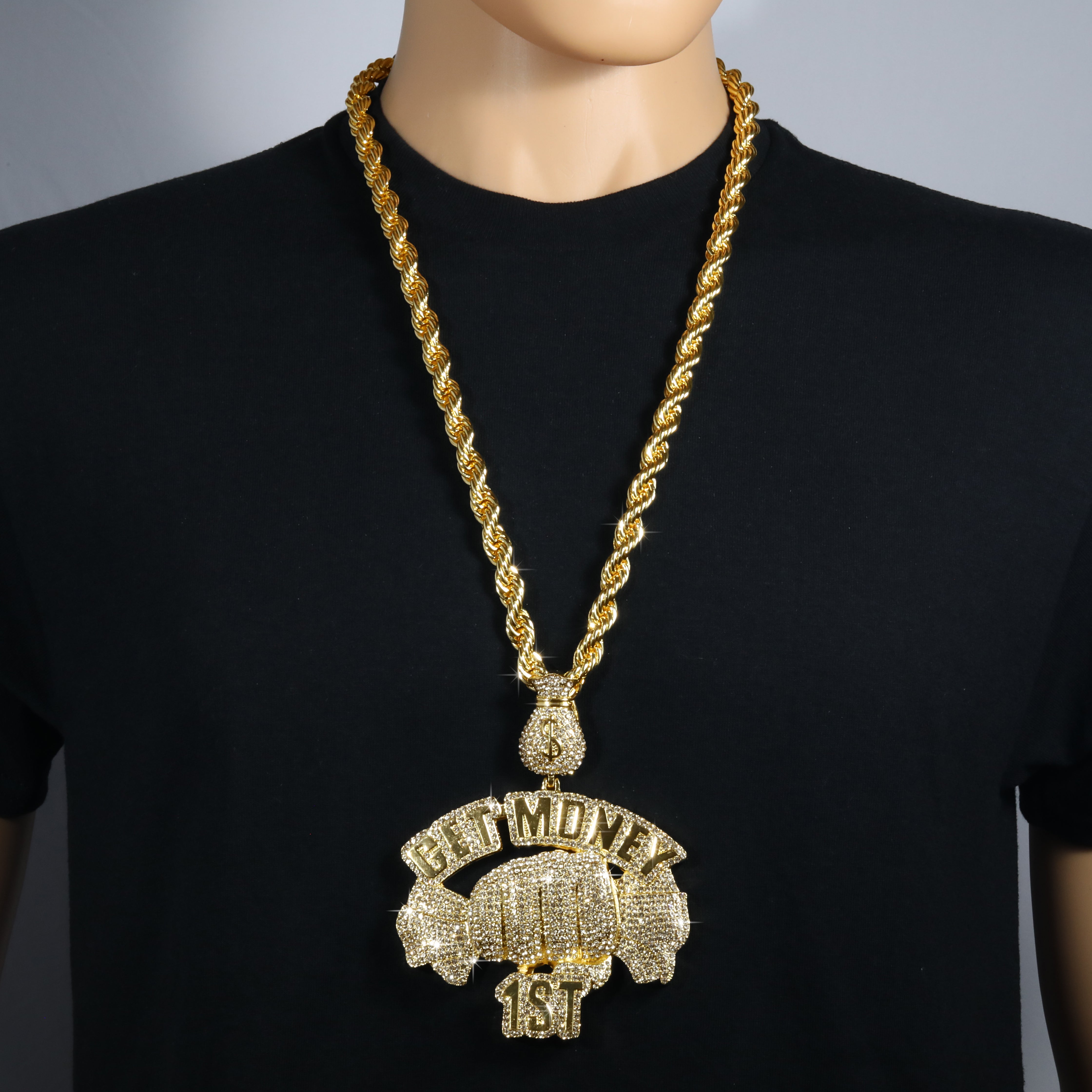 Huge Extra Large " GET MONEY 1ST " Fully Iced | 14k Gold Plated Necklace