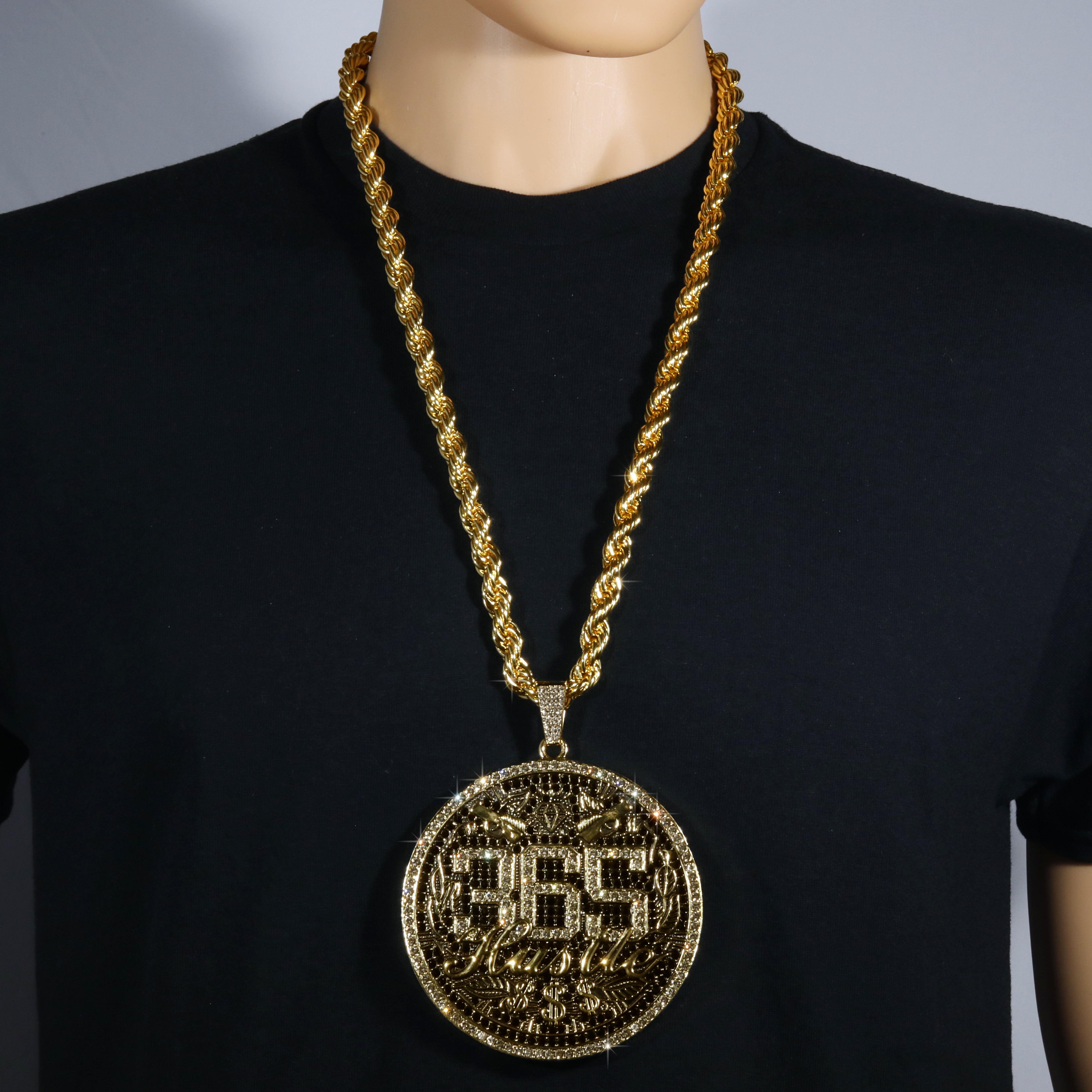 Huge Extra Large "365 HUSTLE MONEY SIGN" 14k Gold Plated Necklace