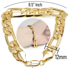 FROSTED 12MM/9"INCHES  14K GOLD FINISH FIGARO LINK BRACELET