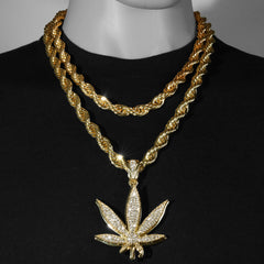 Marijuana Weed Leaf Fully Iced | 14K Rope Necklace Gold Plated 10mm