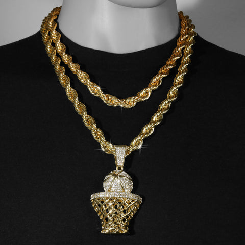 Basketball Hoop Fully Iced | 14K Rope Necklace Gold Plated 10mm