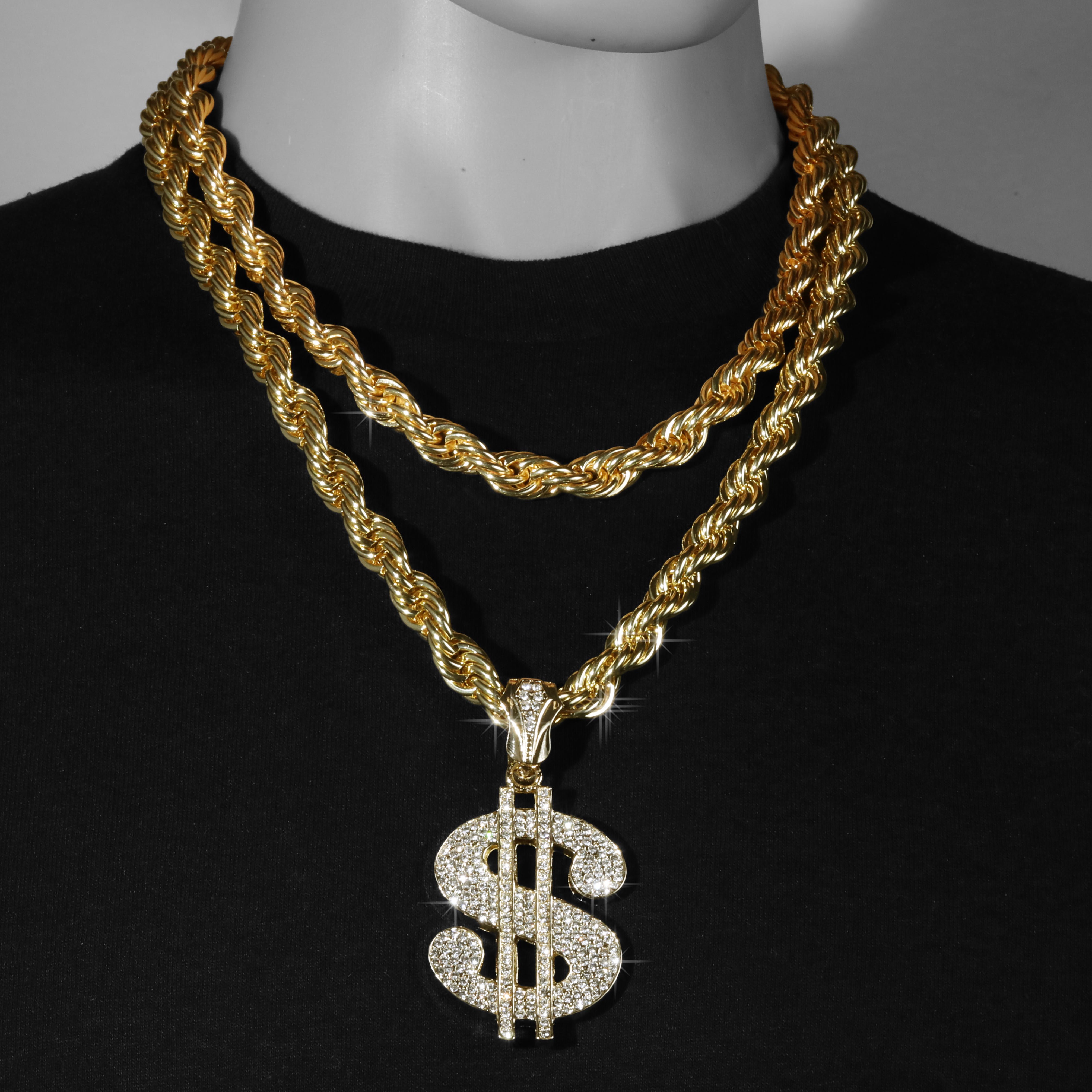 Cash Money Sign Fully Iced | 14K Rope Necklace Gold Plated 10mm
