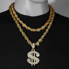 Cash Money Sign Fully Iced | 14K Rope Necklace Gold Plated 10mm