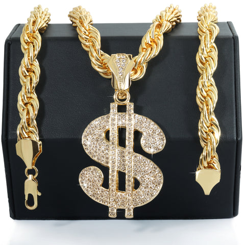 Cash Money Sign Fully Iced | 14K Rope Necklace Gold Plated 10mm