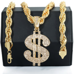 Cash Money Sign Fully Iced | 14K Rope Necklace Gold Plated 10mm