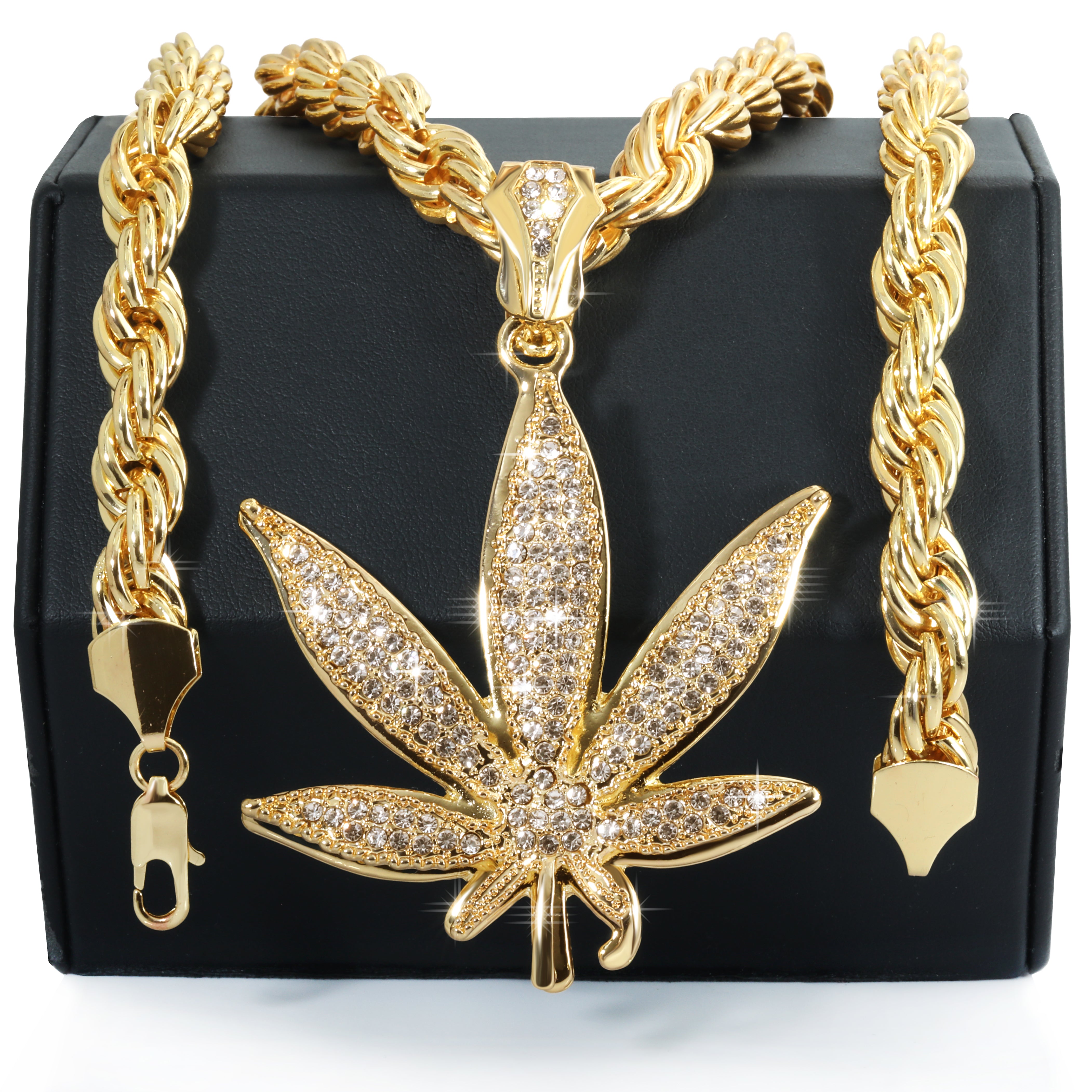 Marijuana Weed Leaf Fully Iced | 14K Rope Necklace Gold Plated 10mm