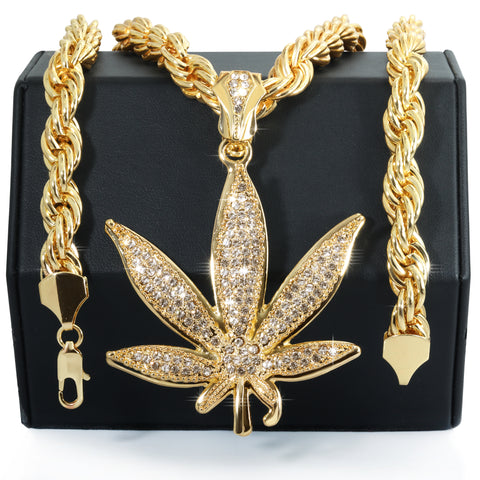 Marijuana Weed Leaf Fully Iced | 14K Rope Necklace Gold Plated 10mm