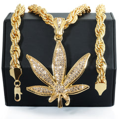 Marijuana Weed Leaf Fully Iced | 14K Rope Necklace Gold Plated 10mm
