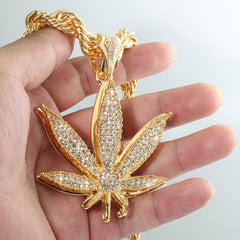 Marijuana Weed Leaf Fully Iced | 14K Rope Necklace Gold Plated 10mm