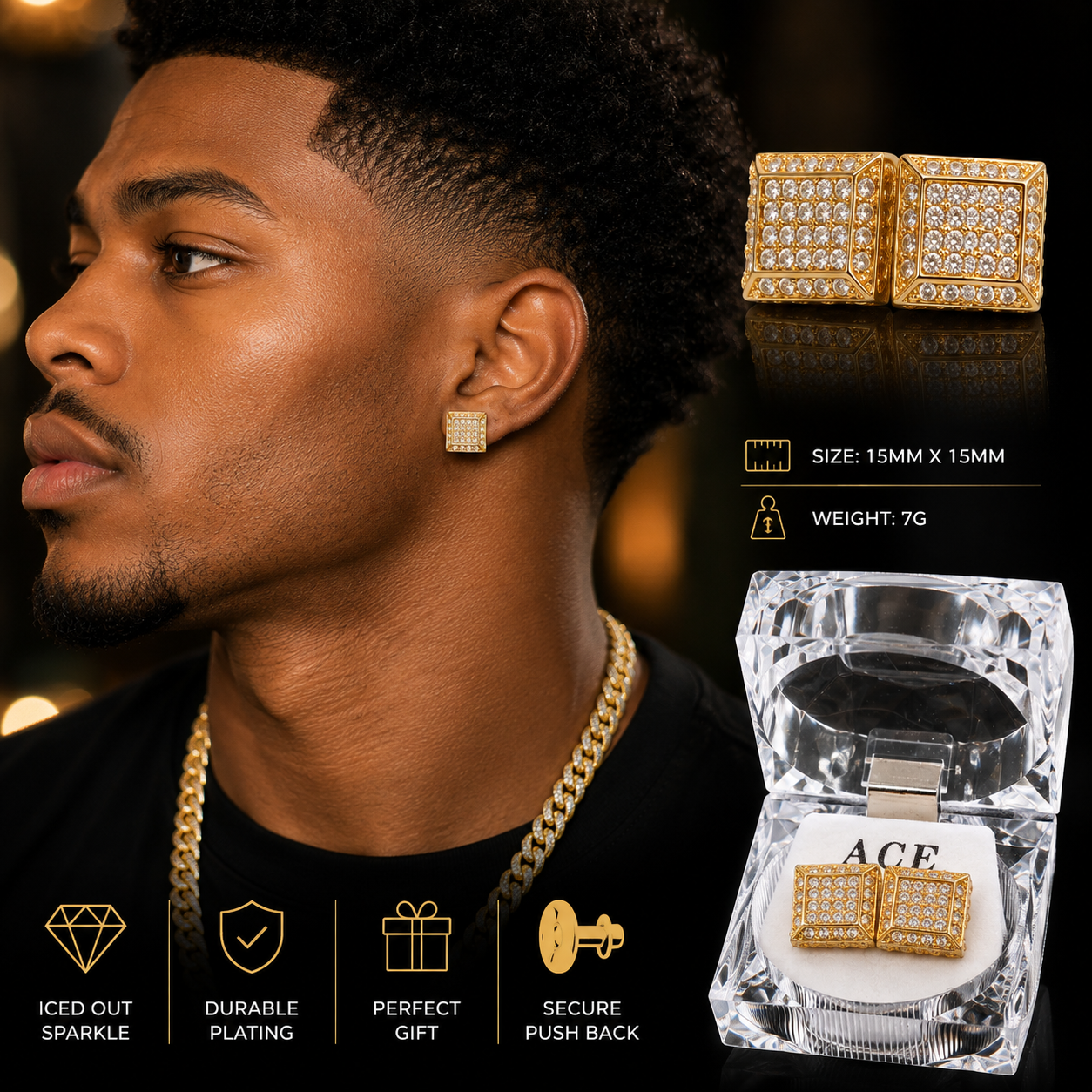 Hip Hop Square Stud Earrings – AAA+ CZ Mounted Gold Iced Out Earrings for Men & Women | Fashion Jewelry